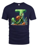 Sea Turtle Letter T Ocean Inspired Illustration Graphic Tee - navy t-shirt on white background