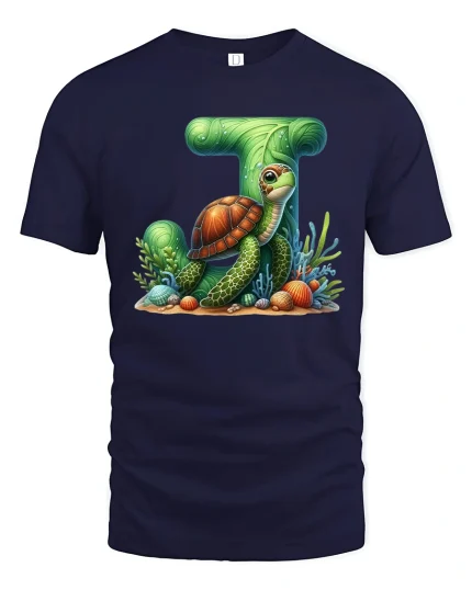 Sea Turtle Letter T Ocean Inspired Illustration Graphic Tee - navy t-shirt on white background