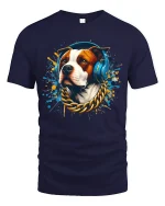 Cool DJ Dog With Headphones Street Art Graphic Tee - navy t-shirt on white background