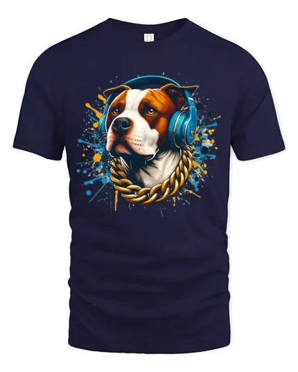 Cool DJ Dog With Headphones Street Art Graphic Tee - navy t-shirt on white background