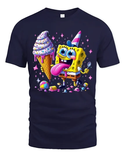 Funny Cartoon Sponge Ice Cream Party Graphic Tee Shirt - navy t-shirt on white background