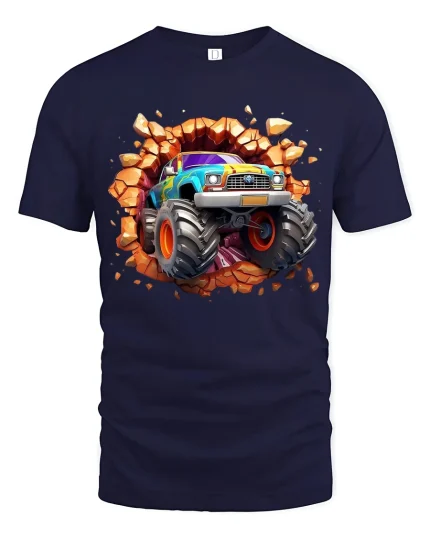 Monster Truck Smash Through Rocks Power Graphic Tee Shirt - navy t-shirt on white background