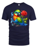 Colorful Parrot With Rose Cartoon Graphic Tee Bright Art - navy t-shirt on white background