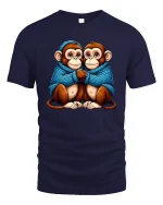 Cute Twin Monkeys Hugging In Cozy Blue Sweater Graphic Tee - navy t-shirt on white background