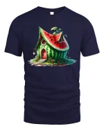 Whimsical Watermelon House Fantasy Cottage Illustration Graphic Tee - navy t-shirt on white background