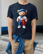 Cute French Teddy Bear Graphic Tee Paris Style Art - model wearing navy tee with hands in pockets