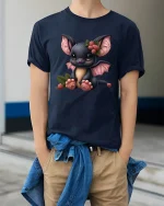Cute Baby Bat With Berries Adorable Cartoon Illustration Tee - model wearing navy tee with hands in pockets