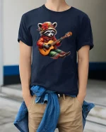 Cute Raccoon Playing Guitar Whimsical Folk Music Cartoon Tee - model wearing navy tee with hands in pockets