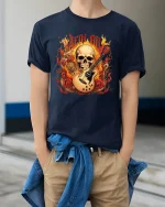 Be Loud Flaming Skull Guitar Heavy Rock Music Graphic Tee - model wearing navy tee with hands in pockets