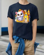 Cute White Cat Cozy Cottage Fairy Tale Cartoon Graphic Tee - model wearing navy tee with hands in pockets