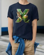 Nature Letter X Antelope Botanical Artistic Illustration Tee - model wearing navy tee with hands in pockets