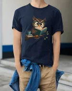 Cute Reading Owl With Glasses Book Lover Graphic Tee - model wearing navy tee with hands in pockets
