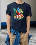 Colorful Tropical Parrot With Flowers Vibrant Art Tee - model wearing navy tee with hands in pockets