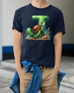 Sea Turtle Letter T Ocean Inspired Illustration Graphic Tee - model wearing navy tee with hands in pockets