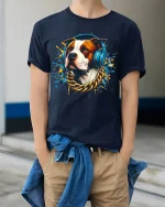 Cool DJ Dog With Headphones Street Art Graphic Tee - model wearing navy tee with hands in pockets