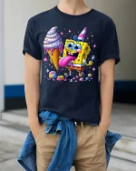 Funny Cartoon Sponge Ice Cream Party Graphic Tee Shirt - model wearing navy tee with hands in pockets