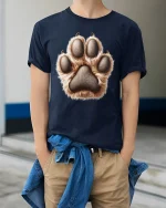 Realistic Animal Paw Print Fur Texture Graphic Tee Shirt - model wearing navy tee with hands in pockets
