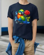 Colorful Parrot With Rose Cartoon Graphic Tee Bright Art - model wearing navy tee with hands in pockets