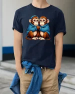 Cute Twin Monkeys Hugging In Cozy Blue Sweater Graphic Tee - model wearing navy tee with hands in pockets