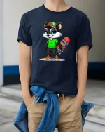 Cool Skater Raccoon With Colorful Skateboard Cartoon Graphic Tee - model wearing navy tee with hands in pockets