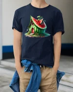 Whimsical Watermelon House Fantasy Cottage Illustration Graphic Tee - model wearing navy tee with hands in pockets