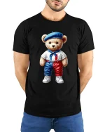 Cute French Teddy Bear Graphic Tee Paris Style Art - model wearing black tee with hands behind back