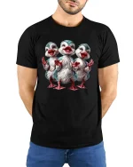 Funny Singing Duck Trio Cartoon Illustration Cute Graphic Tee - model wearing black tee with hands behind back