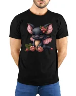 Cute Baby Bat With Berries Adorable Cartoon Illustration Tee - model wearing black tee with hands behind back
