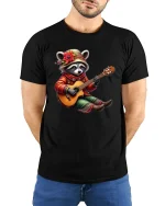 Cute Raccoon Playing Guitar Whimsical Folk Music Cartoon Tee - model wearing black tee with hands behind back