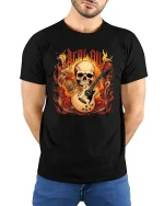 Be Loud Flaming Skull Guitar Heavy Rock Music Graphic Tee - model wearing black tee with hands behind back