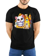 Cute White Cat Cozy Cottage Fairy Tale Cartoon Graphic Tee - model wearing black tee with hands behind back
