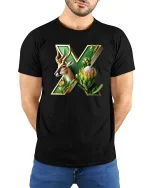Nature Letter X Antelope Botanical Artistic Illustration Tee - model wearing black tee with hands behind back