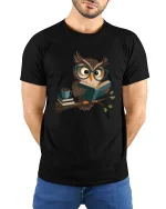 Cute Reading Owl With Glasses Book Lover Graphic Tee - model wearing black tee with hands behind back