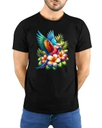 Colorful Tropical Parrot With Flowers Vibrant Art Tee - model wearing black tee with hands behind back