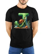 Sea Turtle Letter T Ocean Inspired Illustration Graphic Tee - model wearing black tee with hands behind back
