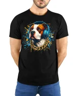 Cool DJ Dog With Headphones Street Art Graphic Tee - model wearing black tee with hands behind back