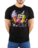 Funny Cartoon Sponge Ice Cream Party Graphic Tee Shirt - model wearing black tee with hands behind back