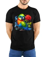 Colorful Parrot With Rose Cartoon Graphic Tee Bright Art - model wearing black tee with hands behind back