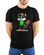 Cool Skater Raccoon With Colorful Skateboard Cartoon Graphic Tee - model wearing black tee with hands behind back