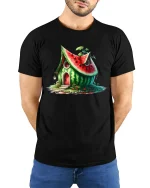 Whimsical Watermelon House Fantasy Cottage Illustration Graphic Tee - model wearing black tee with hands behind back