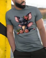 Cute Baby Bat With Berries Adorable Cartoon Illustration Tee - model wearing grey tee, leaning on column