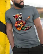 Cute Raccoon Playing Guitar Whimsical Folk Music Cartoon Tee - model wearing grey tee, leaning on column