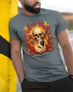 Be Loud Flaming Skull Guitar Heavy Rock Music Graphic Tee - model wearing grey tee, leaning on column