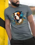 Cool DJ Dog With Headphones Street Art Graphic Tee - model wearing grey tee, leaning on column