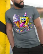 Funny Cartoon Sponge Ice Cream Party Graphic Tee Shirt - model wearing grey tee, leaning on column