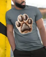 Realistic Animal Paw Print Fur Texture Graphic Tee Shirt - model wearing grey tee, leaning on column