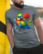 Colorful Parrot With Rose Cartoon Graphic Tee Bright Art - model wearing grey tee, leaning on column