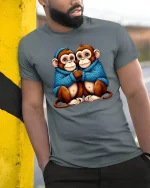 Cute Twin Monkeys Hugging In Cozy Blue Sweater Graphic Tee - model wearing grey tee, leaning on column