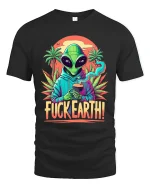 Alien Fuck Earth Graphic Tee With Retro Psychedelic Art - black t-shirt on white background