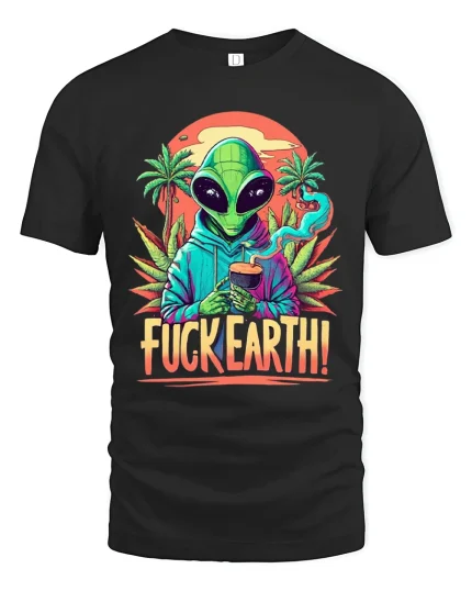 Alien Fuck Earth Graphic Tee With Retro Psychedelic Art - black t-shirt on white background